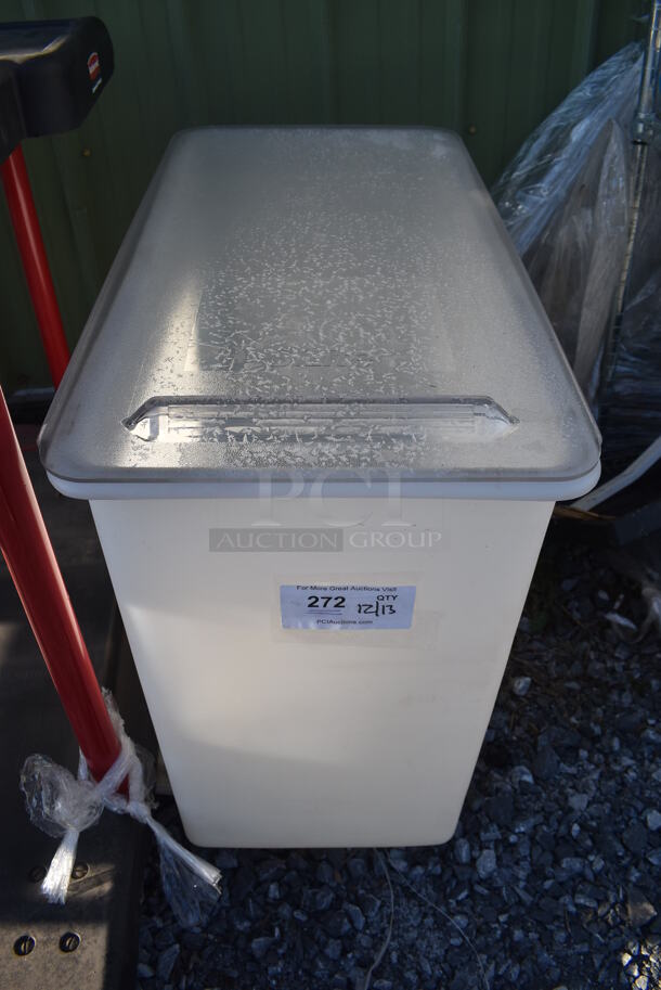White Poly Ingredient Bin w/ Clear Lid on Commercial Casters. 15x29x27