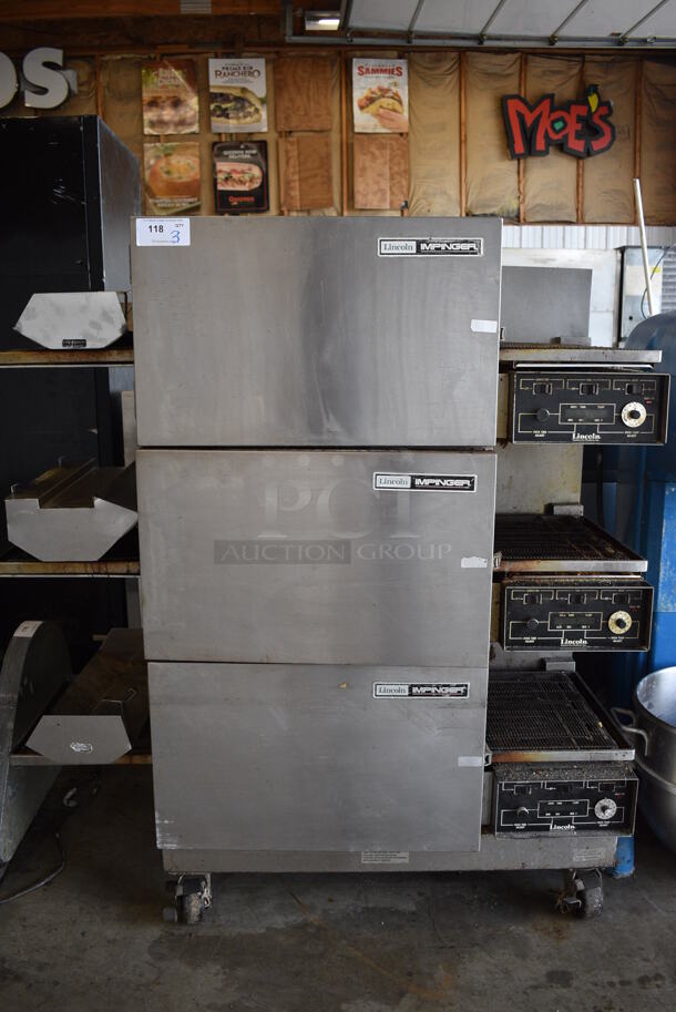 3 Lincoln Impinger Model 1116 Stainless Steel Commercial Natural Gas Powered Conveyor Pizza Ovens on Commercial Casters. 57x38x62. 3 Times Your Bid!