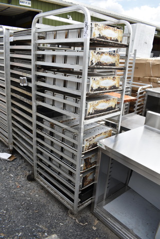Metal Commercial Pan Transport Rack on Commercial Casters w/ 33 Metal Pans