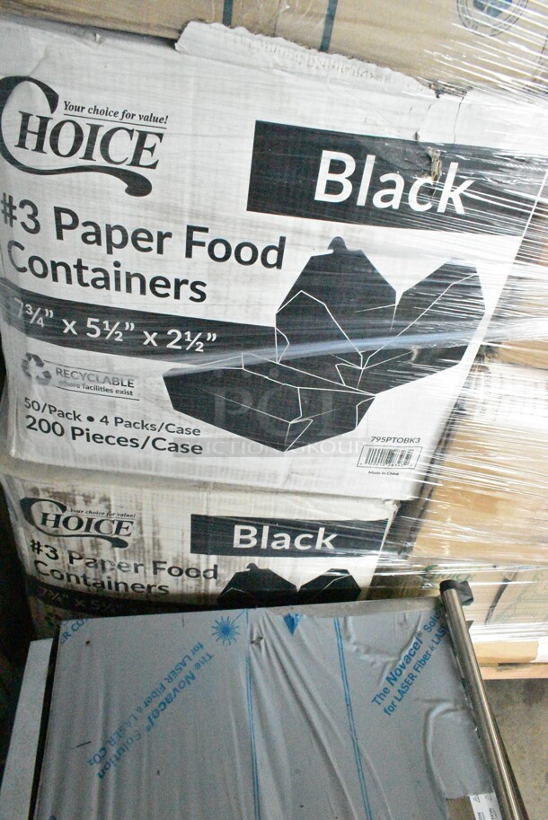 PALLET LOT of 33 BRAND NEW Boxes 395TO991 EcoChoice 9" x 9" x 3" Compostable Sugarcane / Bagasse 1 Compartment Take-Out Box - 200/Case, 2 Box 394360M Noble Products Powdered Disposable Vinyl Gloves for Foodservice - 1000/Case, 394360L Noble Products Powdered Disposable Vinyl Gloves for Foodservice - 1000/Case, 130BKFKSNSPH Choice Black Heavy Weight Wrapped Plastic Cutlery Pack with Napkin and Salt and Pepper Packets - 500/Case, 127P400 Choice 4 oz. Black Plastic Souffle Cup / Portion Cup - 2500/Case, 2 Box 5001BNAP Choice 1-Ply White Beverage / Cocktail Napkin - 4000/Case, 966TALLFLDB Choice White Tall-Fold 6" x 13" Dispenser Napkin - 8000/Case, Choice 9" Round Dome Take Out Lids, 5005DNAPFLTE Choice Touchstone 14" x 14" White Linen-Feel Flat-Packed Dinner Napkin, 395SP10 EcoChoice Compostable Sugarcane / Bagasse 10" x 10" Square Plate - 300/Case, 5013858 Lavex Li'l Herc 55-60 Gallon 1.2 Mil 38" x 58" Low Density Medium-Duty Black Trash Bag / Can Liner - 100/Case, 5008W Choice 8 oz. Tall White Poly Paper Hot Cup - 1000/Case, 2 Box 795PTOBK3 Choice 7 3/4" x 5 1/2" x 2 1/2" Black Microwavable Folded Paper #3 Take-Out Container - 200/Case, Dart 9CPWC Concorde 9" 3 Compartment White Non-Laminated Round Foam Plate, 485WB9NEONW Choice 9" Neon Extra Wide Pointed Wrapped Boba Straw - 1600/Case, 612DS3COMP Choice 8 1/2"x 6 3/8" 3-Compartment Oblong Foil Take-Out Container with Board Lid - 250/Case. 33 Times Your Bid! - Image 4 of 12