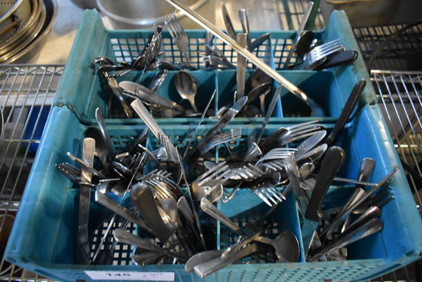 ALL ONE MONEY! Lot of 2 Blue Poly Silverware Caddies w/ Utensils - Image 2 of 3