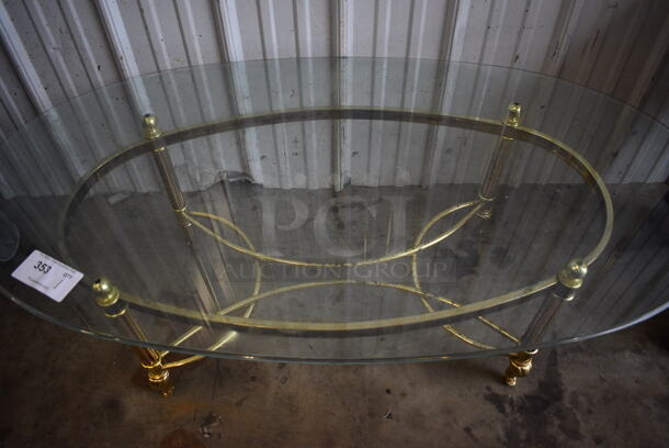 Gold Colored Metal Coffee Table w/ Glass Oval Tabletop. 50x26x16 - Image 3 of 3