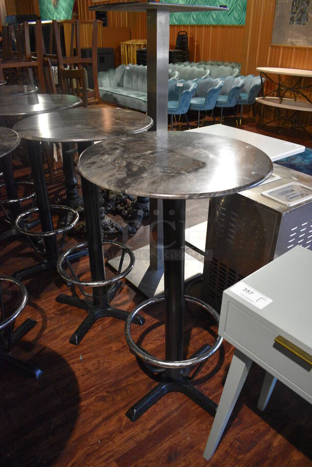 4 Stone Pattern Round Bar Height Table on Metal Table Base w/ Footrest Rail. 23.5x23.5x42. 4 Times Your Bid! (lounge) - Image 3 of 4