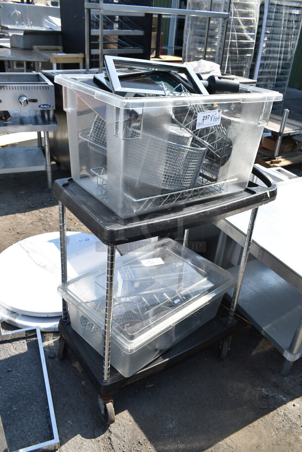 Black Poly 2 Tier Cart w/ Contents including Metal Wire Bins. - Image 1 of 12
