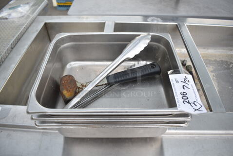ALL ONE MONEY! Lot of 3 Stainless Steel 1/2 Size Drop In Bins and Tongs.