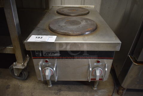 APW Wyott Stainless Steel Commercial Electric Powered 2 Burner Hot Plate Range. 208-240 Volts, 1 Phase. 14x24x15