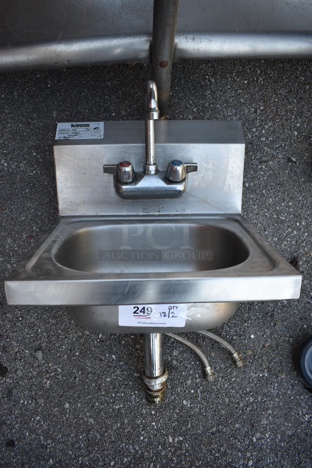 Krowne HS-2 Stainless Steel Commercial Single Bay Wall Mount Sink w/ Faucet and Handles. 15.5x15x22