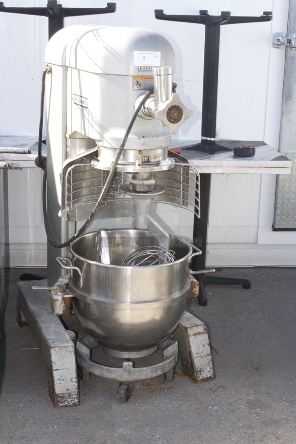 Hobart H-600T 60 Quart Mixer With Bowl, Dolly, Hook, Whip, Paddle and Grinder Attachment. Tested In Proper Working Order. 