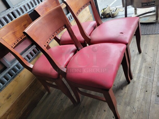 Wood Dining Chairs Red Vinyl Seat - Image 3 of 3