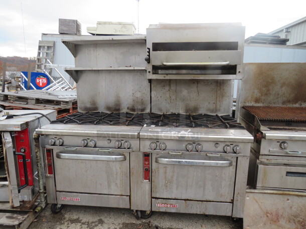 One Blodgett 10 Burner Gas Range With 2 Over Shelves, And Salamander On Casters. 72X38X73