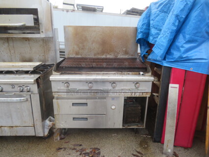 One Natural Gas Charbroiler On A 2 Drawer Chef Base On Casters. Unable To Test.  52X38X60