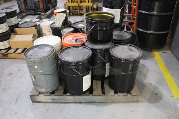ALL ONE MONEY! PALLET LOT of Buckets; Moisture Cure Primer Clear Blue, Light Organic Yellow, Behr Concrete Bonding Primer. BUYER MUST REMOVE. - Image 1 of 8