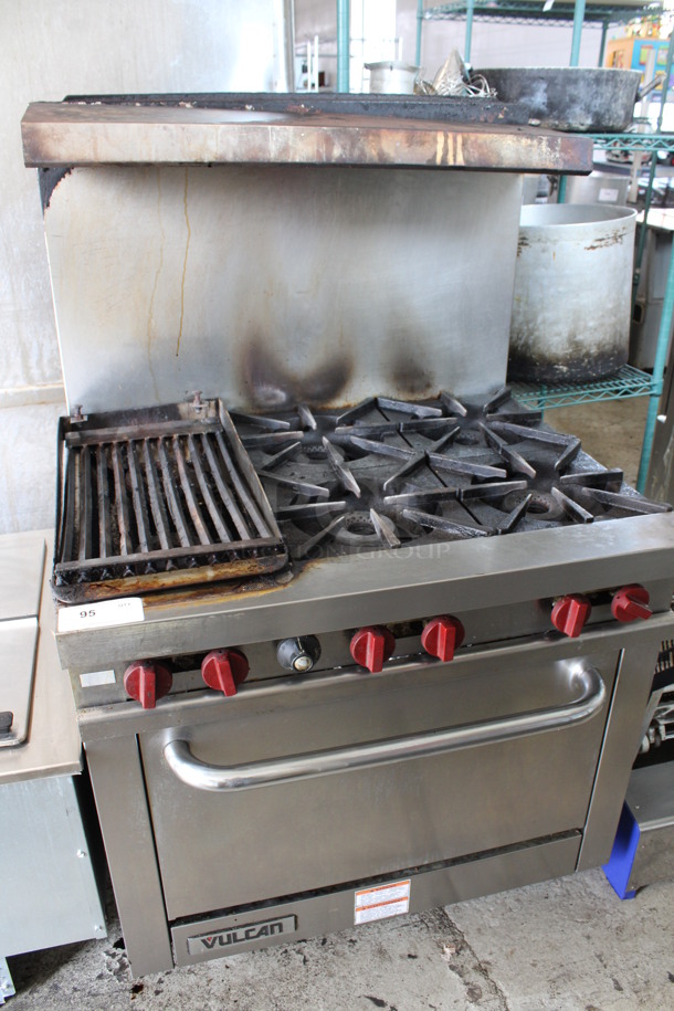 Vulcan Stainless Steel Commercial Propane Gas Powered 4 Burner Range w/ Left Side Charbroiler, Oven, Over Shelf and Back Splash. 36x33x58