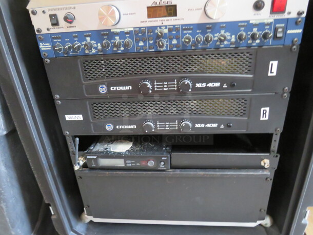 One Portable Case On Casters With A Crown XLS402 Power Amplifier, Shure SLX4 Wireless Receiver, alesis Powertrip 8, And A SamsXon 3 Way Stereo Mono Crossover. X - Image 2 of 3