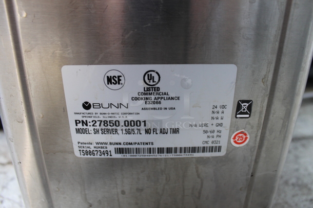 2015 Bunn DUAL SH DBC Stainless Steel Commercial Countertop Double Coffee Machine w/ Hot Water Dispenser/ 2 Coffee Server Satellites and 2 Metal Brew Baskets. 120/208-240 Volts, 1 Phase.  - Image 6 of 6