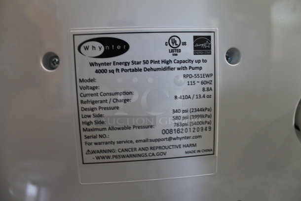 BRAND NEW SCRATCH AND DENT! Whynter RPD-551EWP Energy Star 50 Pint High Capacity up to 4000 sq ft Portable Dehumidifier with Pump. 115 Volts, 1 Phase. Tested and Working! - Image 4 of 4