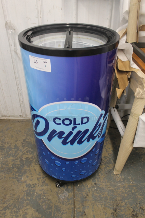 BRAND NEW SCRATCH AND DENT! Galaxy 177BMR2CD Metal Floor Style Cold Drink Barrel Merchandiser Refrigerator. 2.25 cu. ft. 110-120 Volts, 1 Phase.  - Image 1 of 7