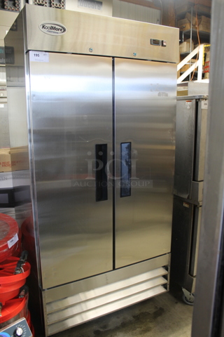 BRAND NEW SCRATCH AND DENT! 2022 KoolMore RIR-2D-SS35C Stainless Steel Commercial 2 Door Reach In Cooler w/ Poly Coated Racks on Commercial Casters. 115 Volts, 1 Phase. Tested and Working!