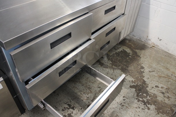 Delfield Stainless Steel Commercial Prep Table w/ 6 Drawers and 2 Tier Over Shelf. Tested and Does Not Power On - Image 4 of 5