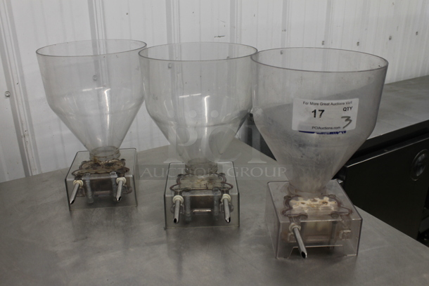 3 Clear Poly Pastry Filler Hoppers. No Lids. 2 w/ 2 Spouts and 1 w/ 1 Spout. 3 Times Your Bid!