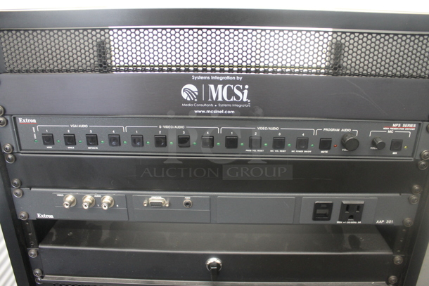 6 Electronic Rack Units in Black Metal Cabinet; Middleby Atlantic Power Center, Crestron Control Processor, Crestron Volume Tone Control, Ashly SRA-120 Power Amplifier, Extron AAP 301 Interface Extron Media Presentation Switcher. 6 Times Your Bid!   - Image 4 of 12