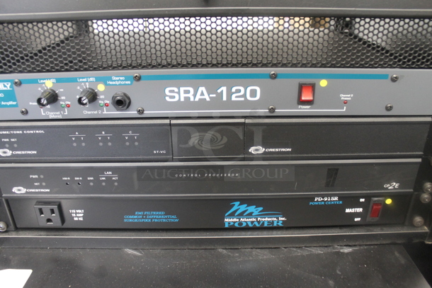 6 Electronic Rack Units in Black Metal Cabinet; Middleby Atlantic Power Center, Crestron Control Processor, Crestron Volume Tone Control, Ashly SRA-120 Power Amplifier, Extron AAP 301 Interface Extron Media Presentation Switcher. 6 Times Your Bid!   - Image 9 of 12