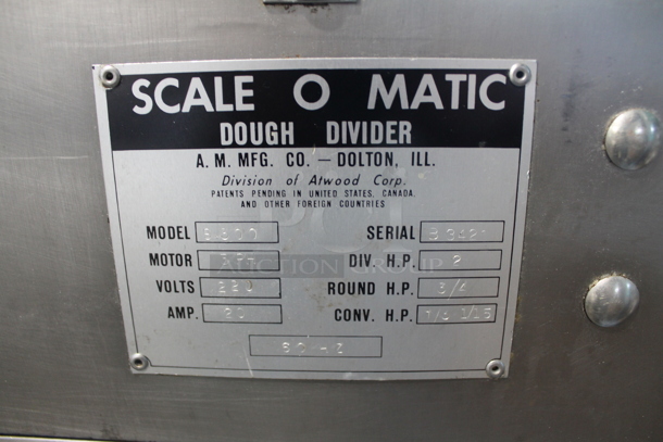 Atwood Scaleomatic S.300 Stainless Steel Commercial Floor Style Dough Divider Rounder on Commercial Casters. 220 Volts, 1 Phase. - Image 11 of 12