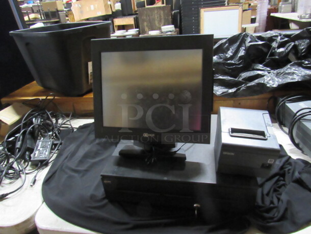 One NCR POS System With NCR Touchscreen # mn7734-0000-8800, MMF Cash Drawer With Insert, NO KEY,  And Epson Thermal Printer # M244A. 