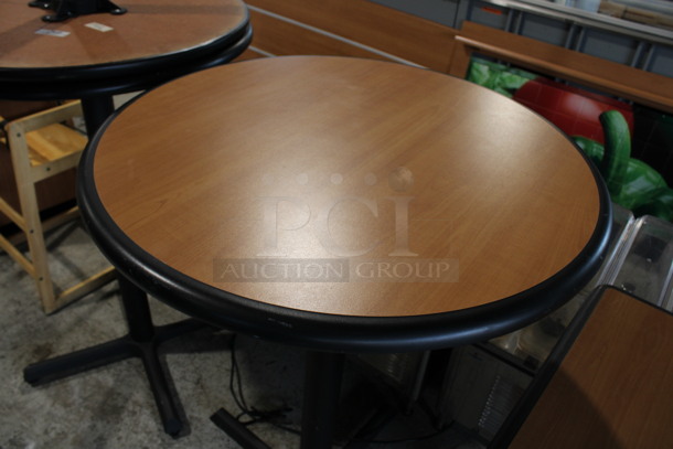 Round Wood Pattern Bar Height Table w/ Black Rim on Black Metal Table Base. Stock Picture - Cosmetic Condition May Vary. 30x30x42 - Image 3 of 4