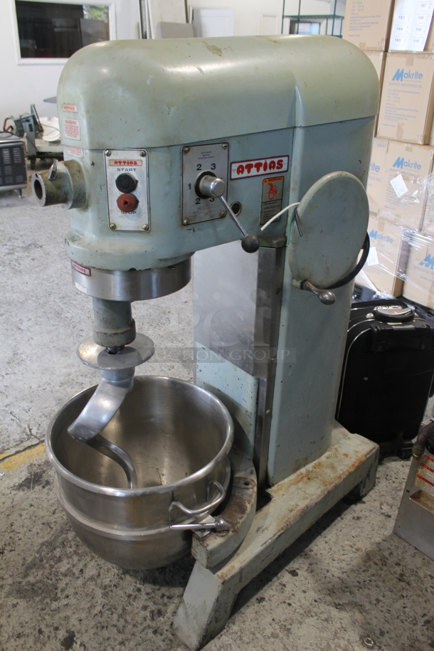 Attias USA 60 Metal Commercial Floor Style 60 Quart Planetary Dough Mixer w/ Stainless Steel Mixing Bowl and Dough Hook Attachment. 220 Volts, 1 Phase. - Image 1 of 11
