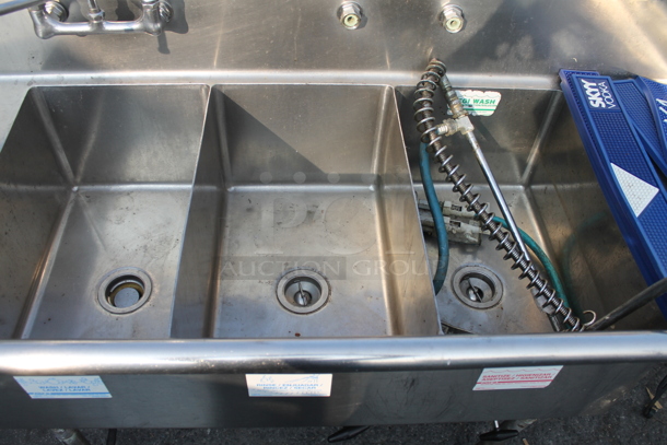 S&G Commercial Stainless Steel Flushmount 3 Bay Sink With Left Drain Board And Gooseneck Faucet on Galvanized Legs.  - Image 2 of 11