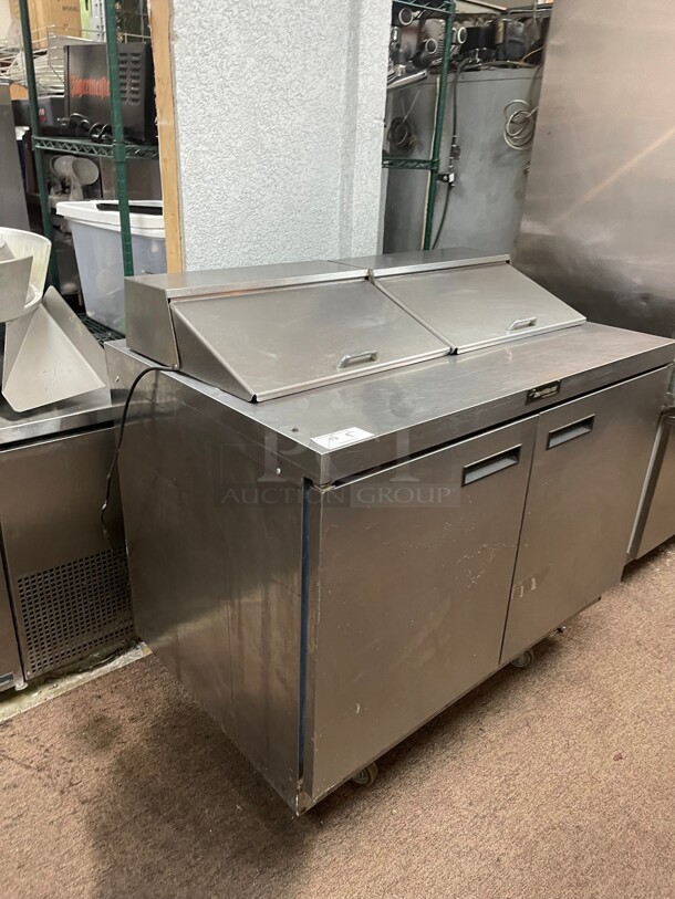 Delfield 4448NP-12 48 inch 2 Door Front Breathing Commercial Refrigerated Sandwich Prep Table with Casters 120 Volt NSF - Image 4 of 8