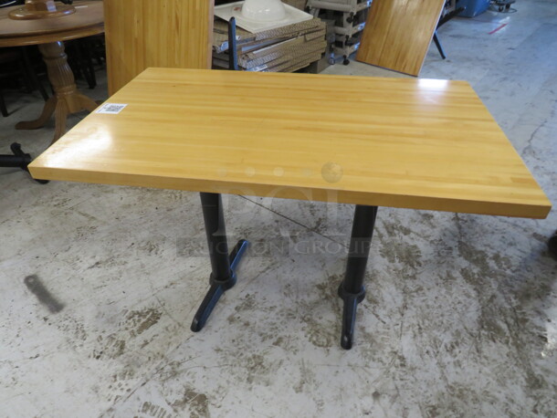 One Solid Wooden Butcher Block Table Top On A Dual Pedestal Base. 48X30X30 - Image 1 of 2