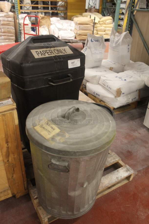 ALL ONE MONEY! THREE PALLET LOT of Various Items Including Metal Trash Can and Black Poly Trash Can. BUYER MUST REMOVE. - Image 2 of 3