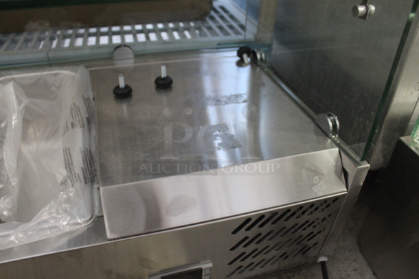 BRAND NEW SCRATCH AND DENT! KoolMore SCDC-3P-SSL Stainless Steel Commercial Countertop Refrigerated Rail w/ 3 Drop In Bins and Glass Sneeze Guard. 115 Volts, 1 Phase. Tested and Working!
 - Image 6 of 12