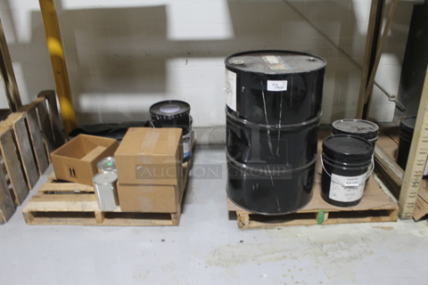 ALL ONE MONEY! TWO PALLET LOT of Various Items Including Black Metal Barrel and Various Chemical In Poly Buckets. BUYER MUST REMOVE.