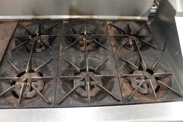 Garland PS-24G-6-2628 Stainless Steel Commercial Natural Gas Powered 6 Burner Range w/ Left Side Flat Top Griddle, 2 Ovens, Over Shelf and Back Splash. - Image 3 of 7
