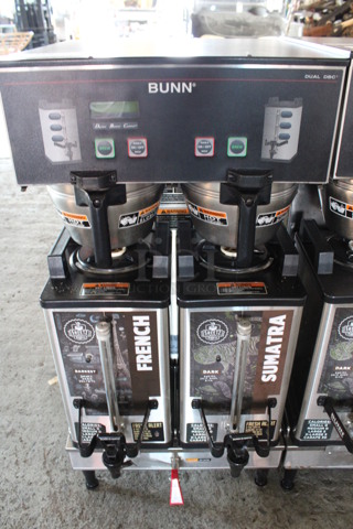 2016 Bunn Model DUAL SH DBC Stainless Steel Commercial Countertop Dual Coffee Machine w/ Hot Water Dispenser, 2 Stainless Steel Brew Baskets and 2 Bunn Model SH SERVER Satellite Servers. 120/208-240 Volts, 1 Phase. 18x24x36. Tested and Working!