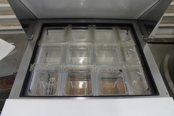 BRAND NEW SCRATCH AND DENT! 2015 True TSSU-27-12M-B Stainless Steel Commercial Sandwich Salad Prep Table Bain Marie Mega Top w/ Poly Drop In Bins. 115 Volts, 1 Phase. Tested and Working! - Image 2 of 5