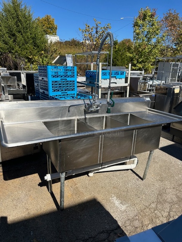 One 3 Compartment Stainless Steel Sink With Faucet And Hose Sprayer, And R/L Drain Boards. 91X31X42. Sink 18X24X14.  - Image 1 of 3