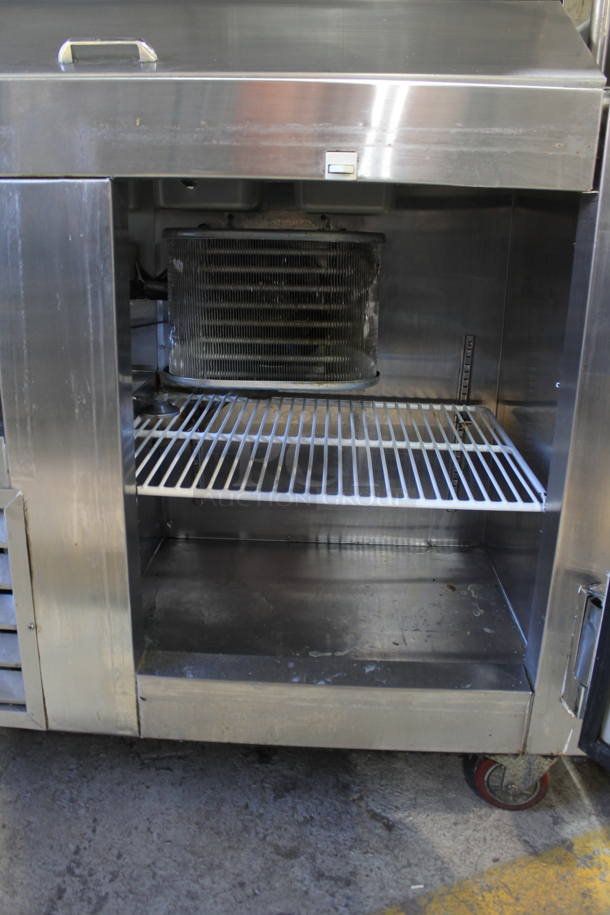 2017 Leader LM48 S/C Stainless Steel Commercial Sandwich Salad Prep Table Bain Marie Mega Top w/ 2 Tier Over Shelf on Commercial Casters. 115 Volts, 1 Phase. Tested and Powers On But Does Not Get Cold - Image 4 of 5