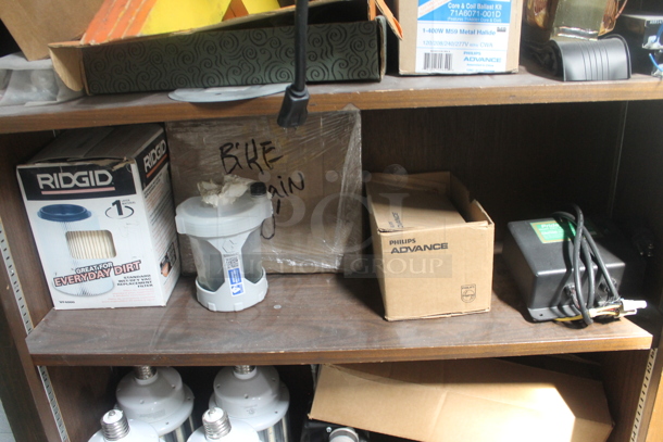 Brown Wood Pattern 6 Tier Shelving Unit w/ Contents Including Filters. BUYER MUST REMOVE. - Image 5 of 7