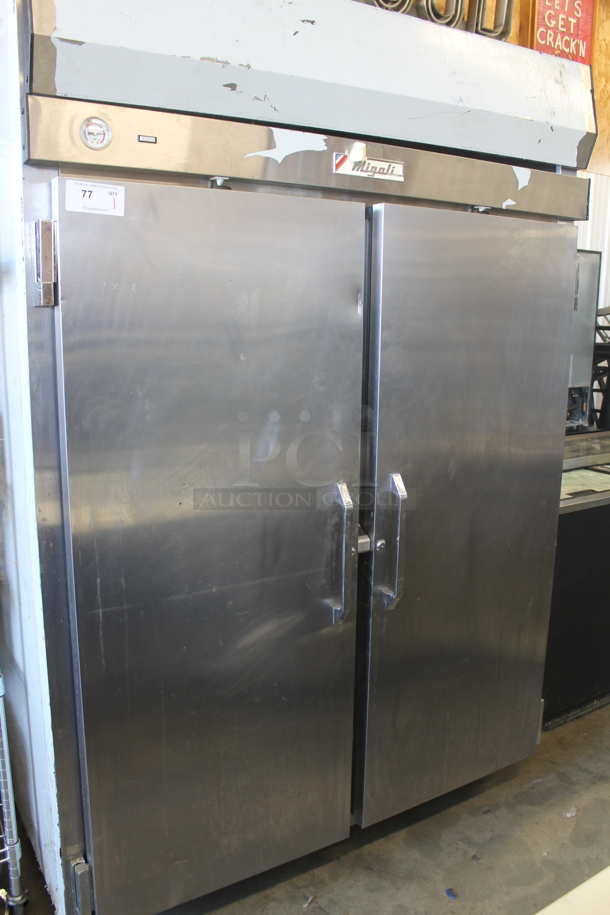 Migali F55AT Commercial Stainless Steel 2 Door Reach-In Freezer With Polycoated Shelves. 115-208/230V, 1 Phase. 