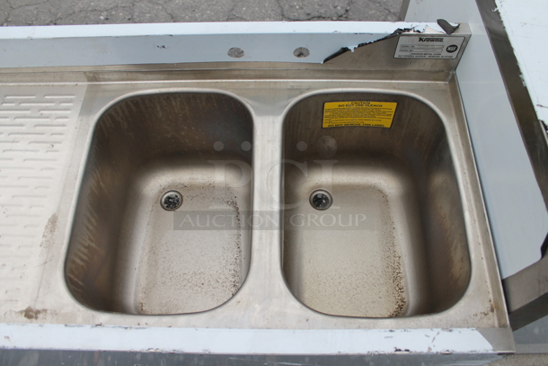 BRAND NEW SCRATCH AND DENT! Krowne 18-42R Stainless Steel 2 Bay Back Bar Sink w/ Left Side Drain Board and Back Splash. Bays 10x14x9.5. Drain Board 24.5x16 - Image 2 of 5