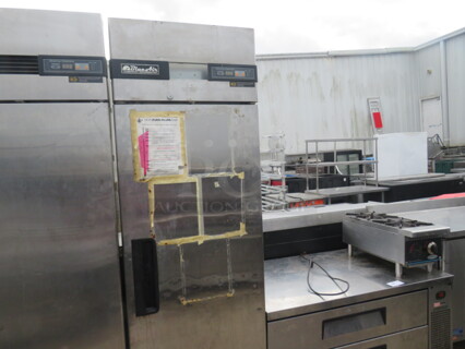 One SS Blue Air 1 Door Refrigerator With 3 Racks On Casters. Model# BSR23T. 115 Volt. 27X31X81.5