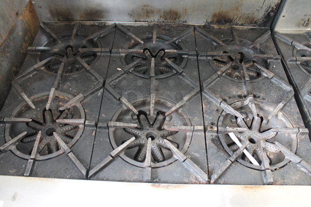 Stainless Steel Commercial Natural Gas Powered 6 Burner Range w/ Oven, Over Shelf and Back Splash. - Image 3 of 6