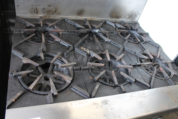 Stainless Steel Commercial Natural Gas Powered 6 Burner Range w/ Oven, Over Shelf and Back Splash. - Image 3 of 5