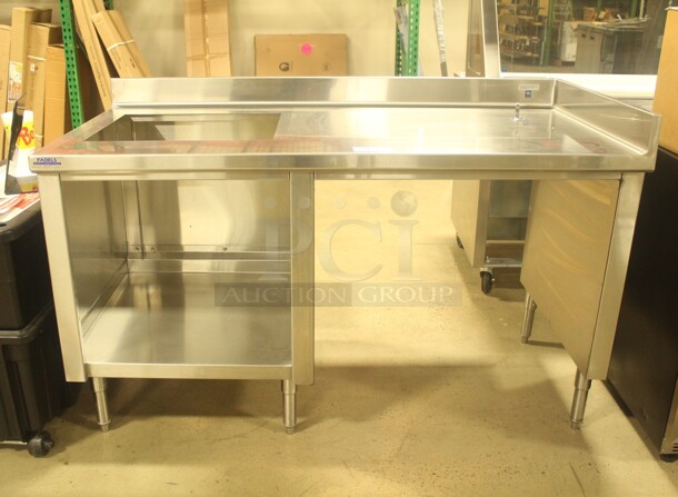 NEW! Commercial Stainless Steel Table With Sink Cutout, Understorage, And Backsplash. 64x32x40.5