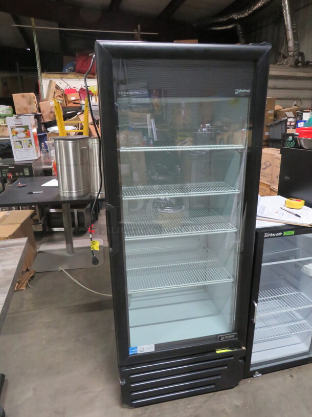 One WORKING Imbera 1 Door Glass Display Refrigerator With 4 Racks. Model# VR12-R2. 115 Volt. 24.5X22.5X63