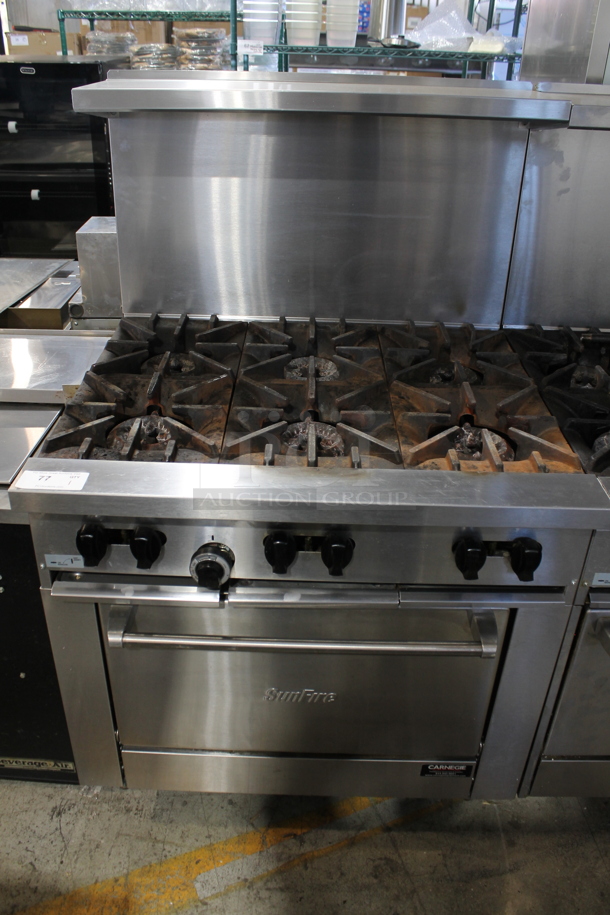 2018 Garland SunFire X36-6R Stainless Steel Commercial Propane Gas Powered 6 Burner Range w/ Oven, Over Shelf and Back Splash. - Image 1 of 7